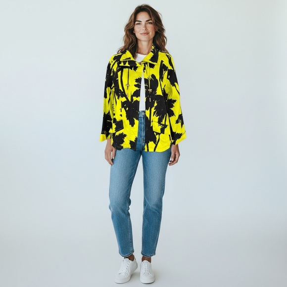 BEREK Blazer Bright Yellow Black Rhinestones Palm Tree Womens L Coastal Grandma - Picture 2 of 14